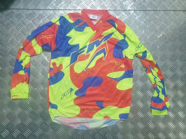 FM X23 Camo Rood/Blauw/Fluor Geel cross shirt Kinder Maat L