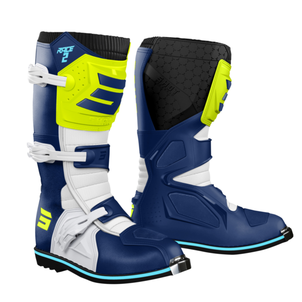 Shot MX Crosslaarzen Volwassen Race 2 Blauw / Fluor Geel 2025 Collectie